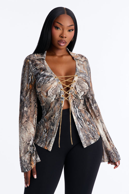 Forbidden Snake Lace Up Mesh Top - Brown/combo