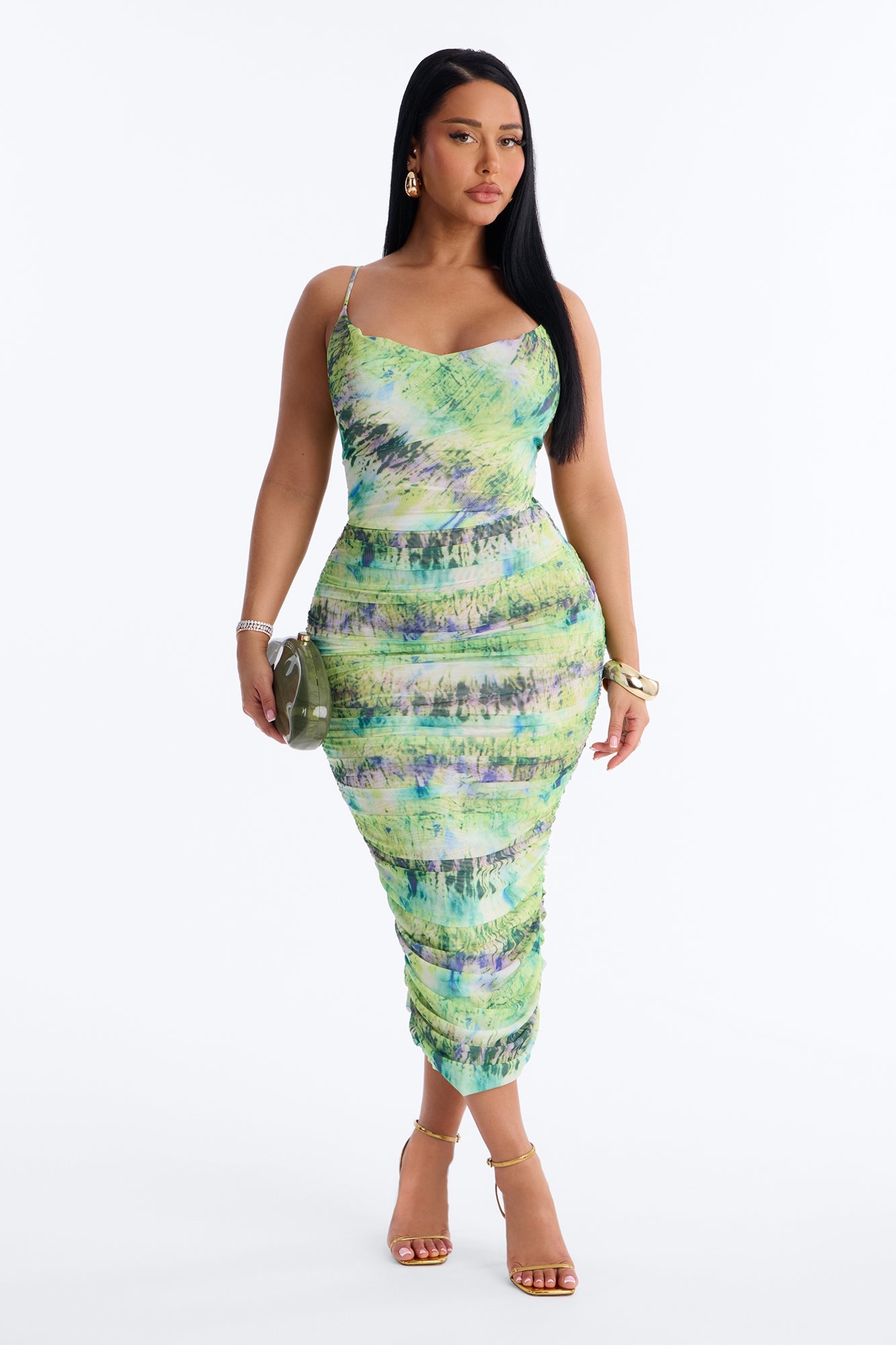 Adelina Ruched Mesh Midi Dress - Green/combo Fashion Nova