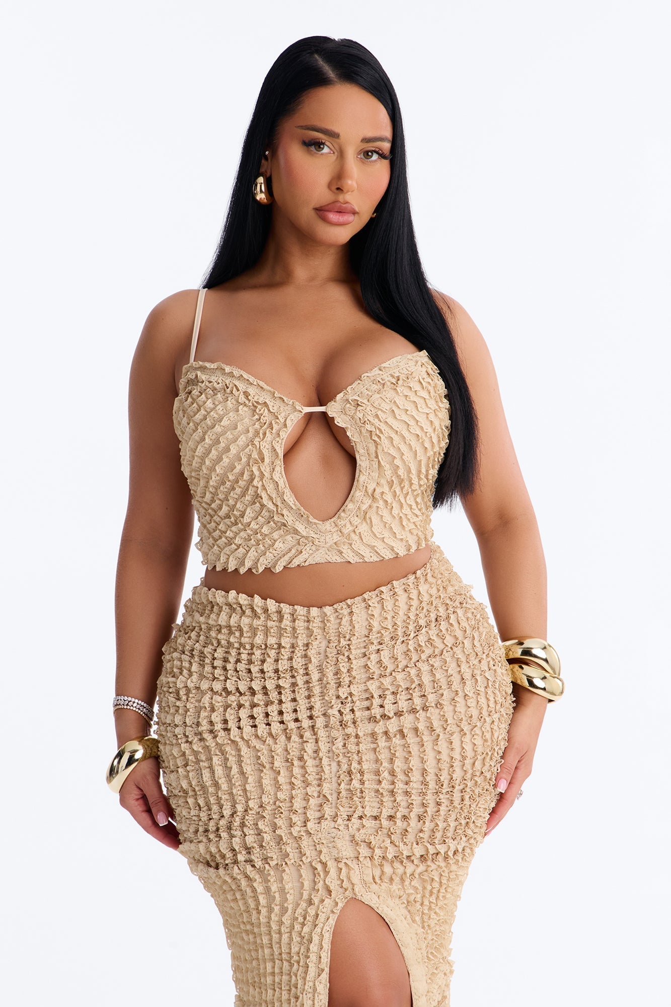 Kelsey Textured Maxi Skirt Set - Beige NEWFASHIONEDGE