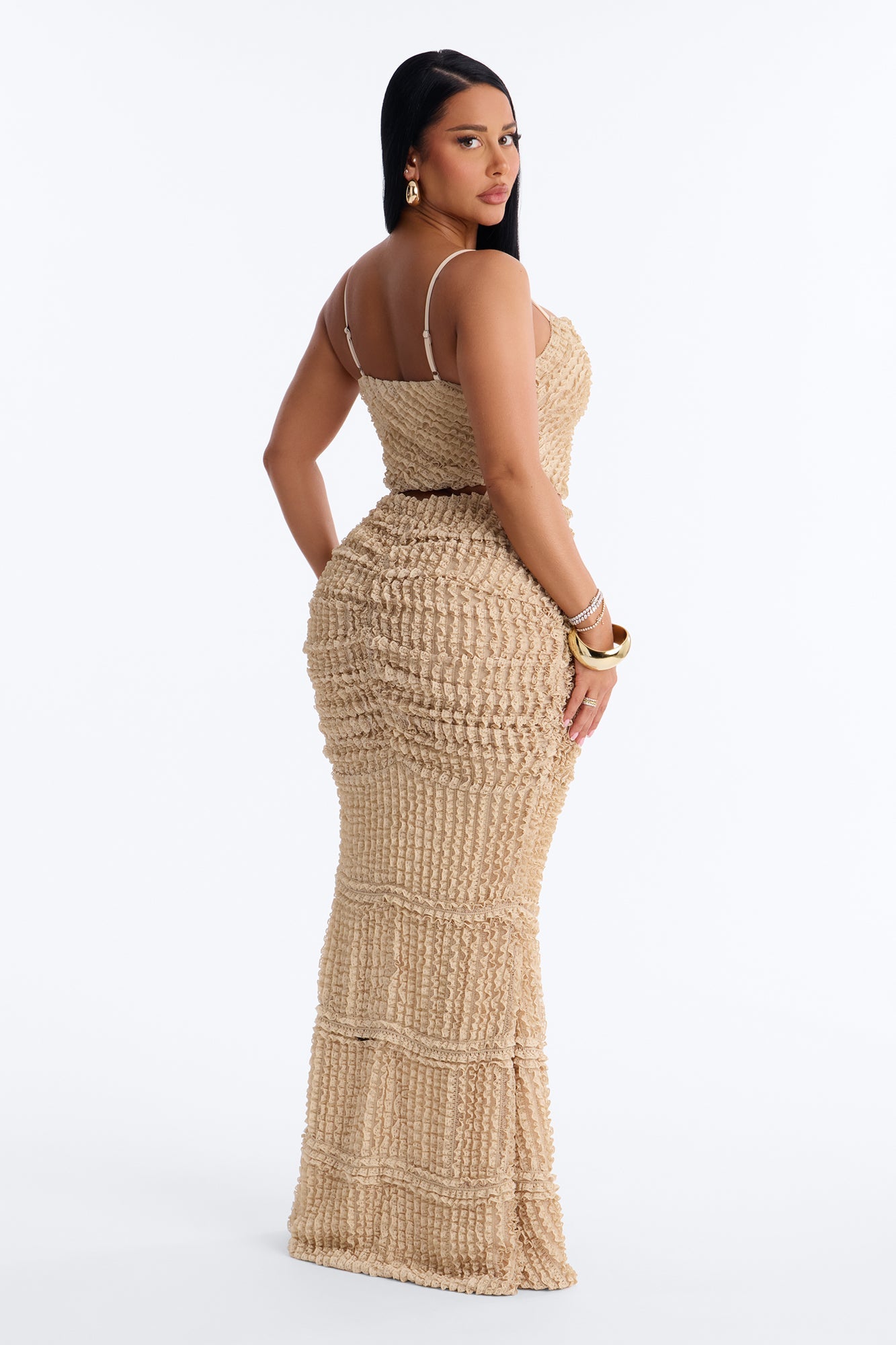 Kelsey Textured Maxi Skirt Set - Beige NEWFASHIONEDGE