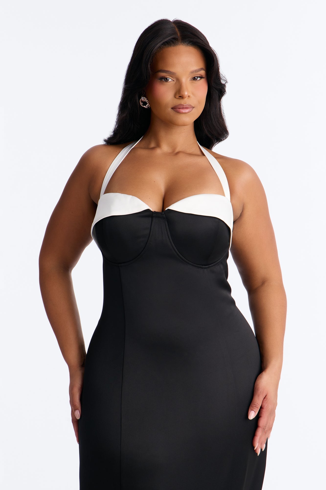 Sweetheart Satin Midi Dress - Black/White NEWFASHIONEDGE