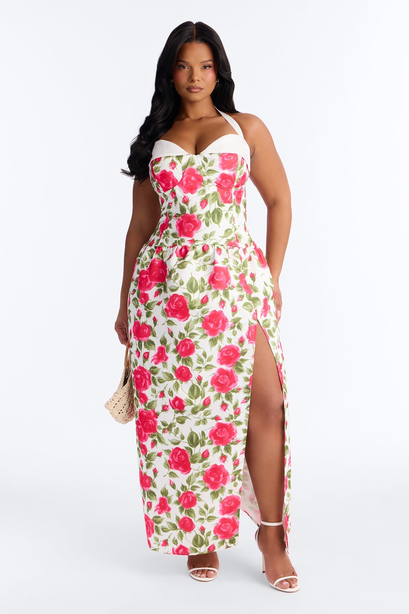 Sweetheart Floral Satin High Slit Maxi Dress - Pink/combo NEWFASHIONEDGE