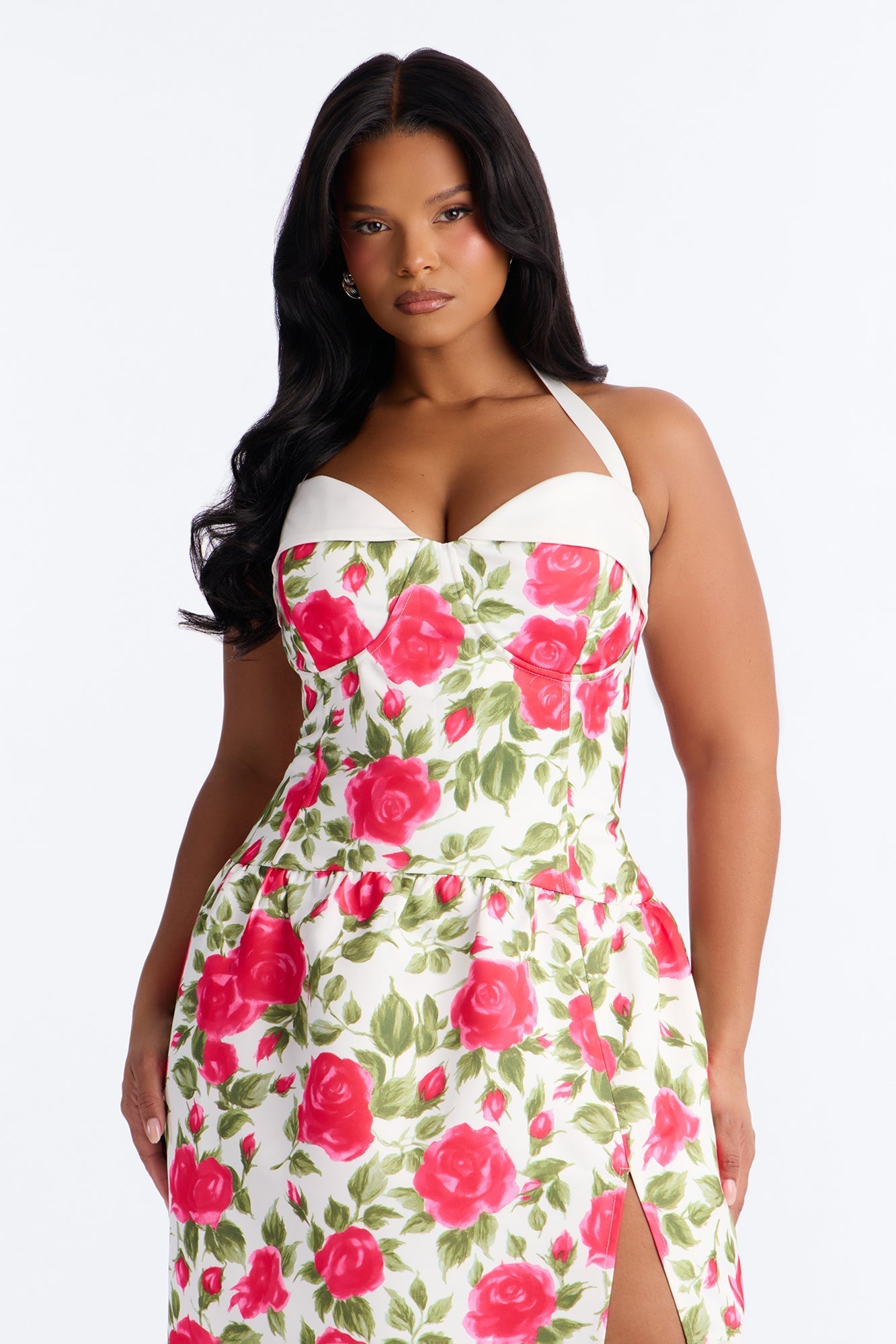 Sweetheart Floral Satin High Slit Maxi Dress - Pink/combo NEWFASHIONEDGE