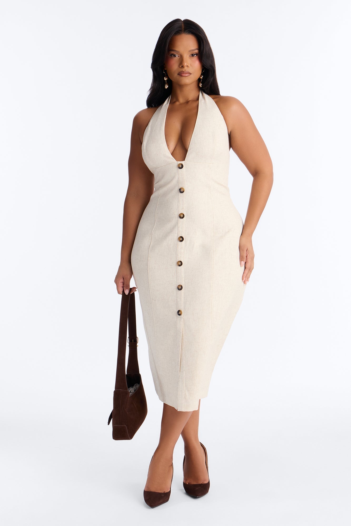 Leah Linen Midi Dress - Cream NEWFASHIONEDGE