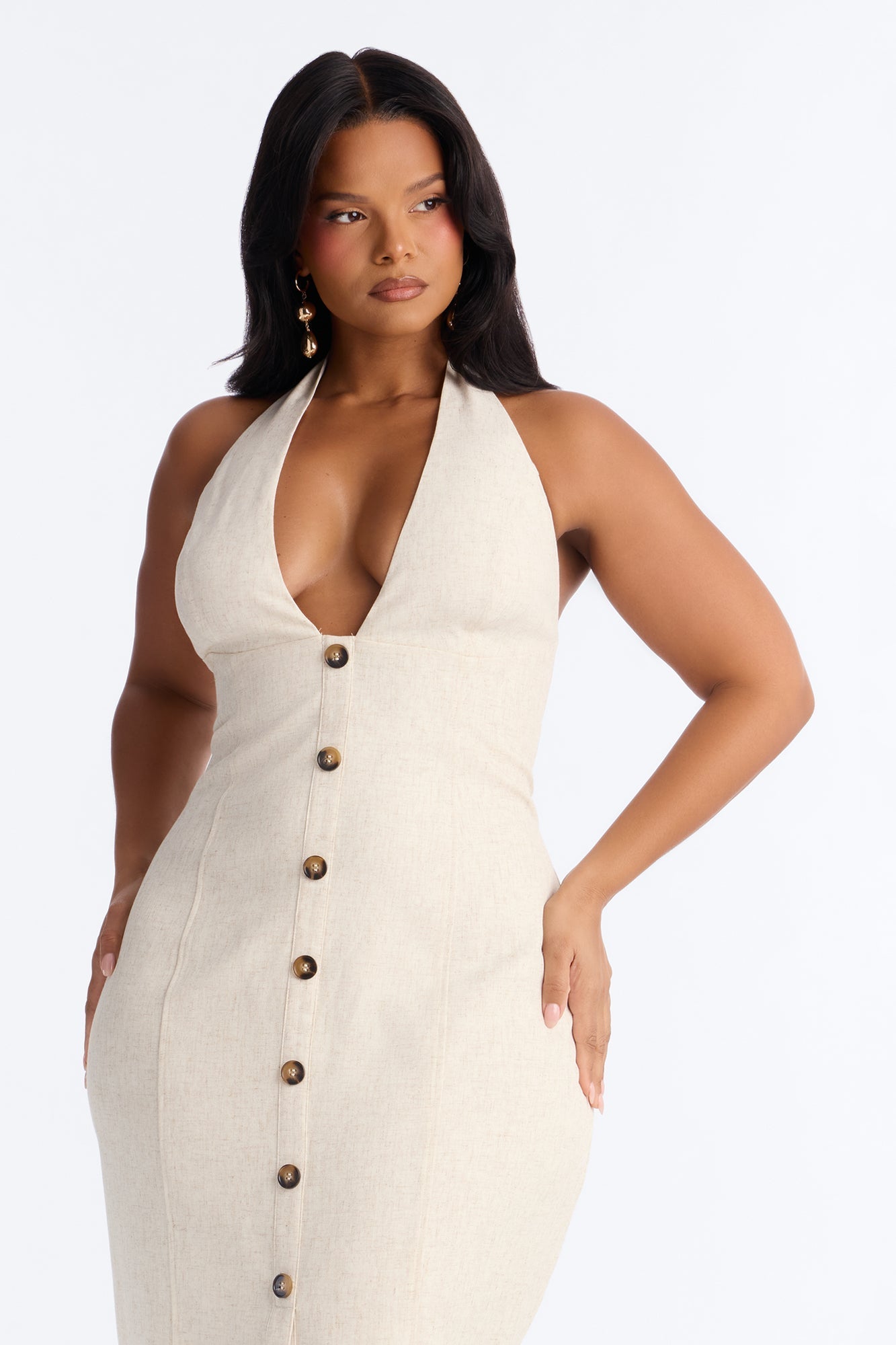 Leah Linen Midi Dress - Cream NEWFASHIONEDGE