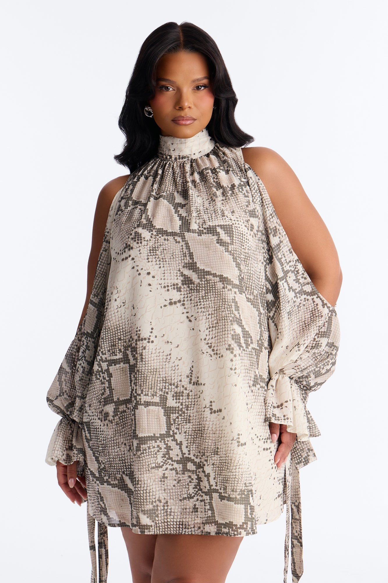 Mila Snake Print Chiffon Long Sleeve Mini Dress - Grey/combo NEWFASHIONEDGE