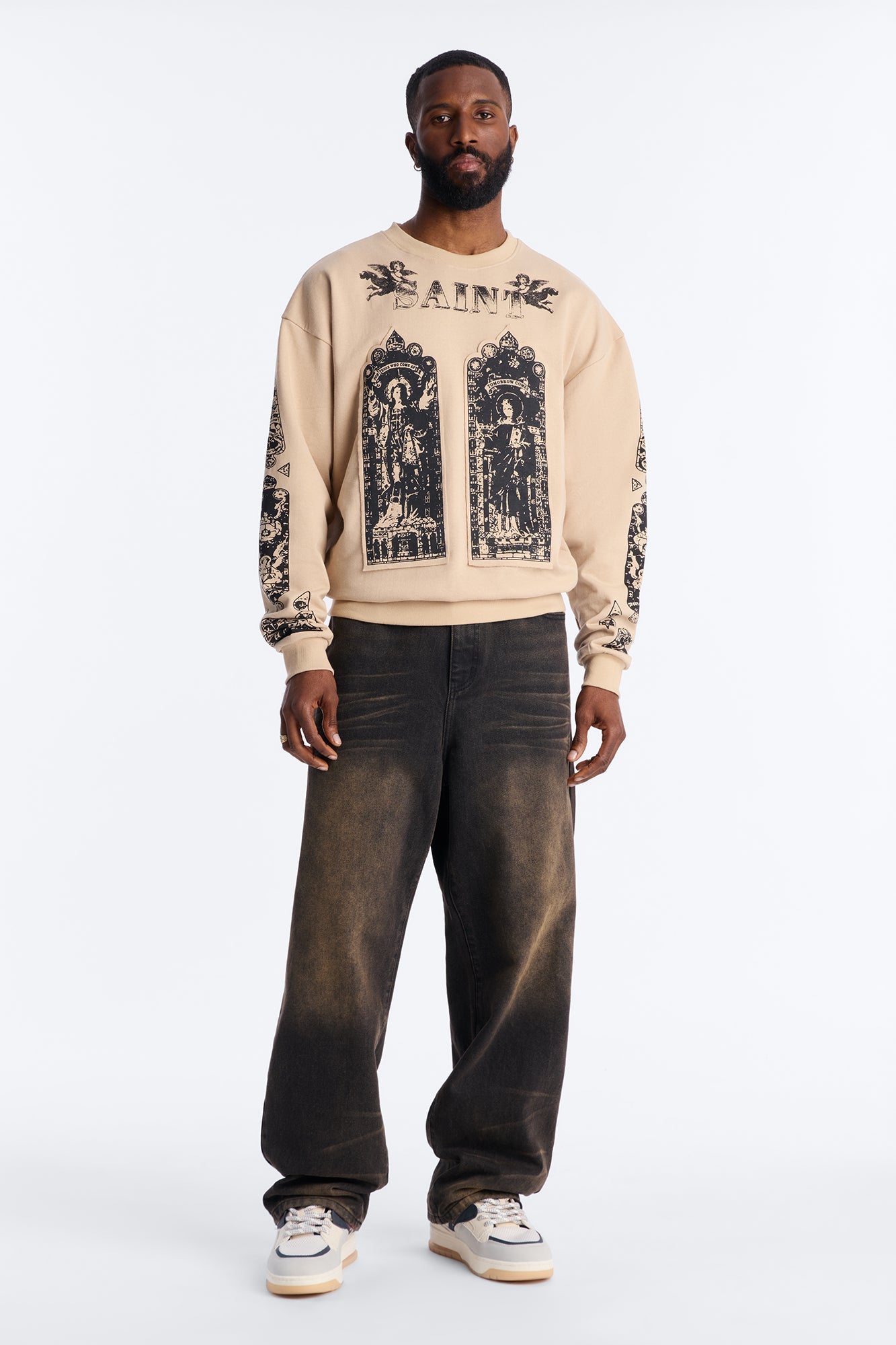 Saint Message Patched Crewneck Sweatshirt - Taupe