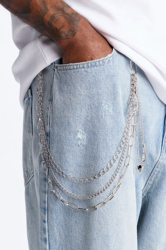 Skull Feather Multi Link Stacked Pant Chain - Silver