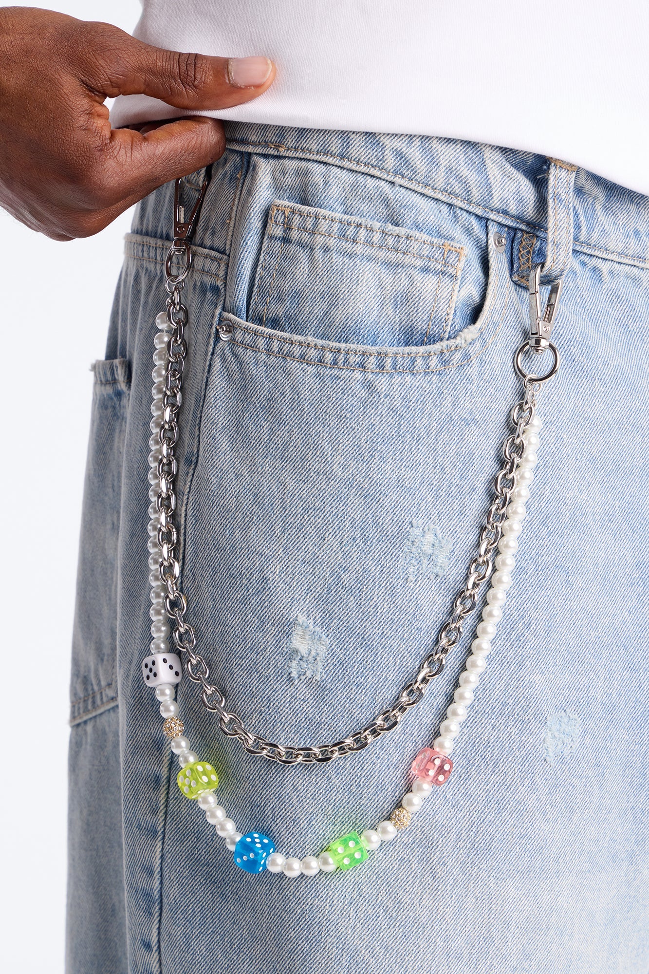 Colored Dice Pearl Stacked Pant Chain - Silver