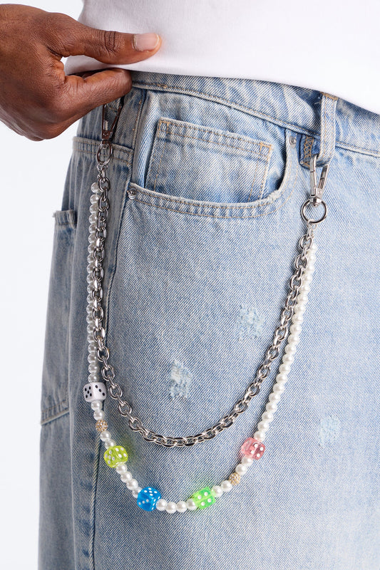 Colored Dice Pearl Stacked Pant Chain - Silver