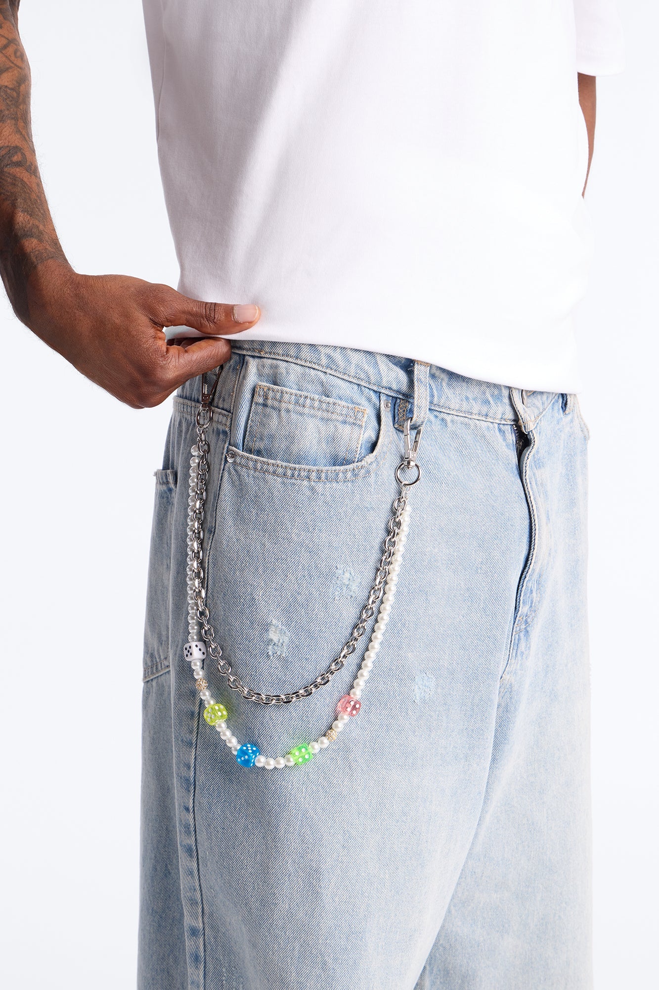 Colored Dice Pearl Stacked Pant Chain - Silver