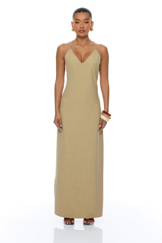 Zelara Beaded Backless Maxi Dress - Khaki