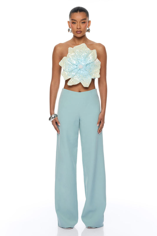 Garden Bloom Embellished Pant Set - Dusty Blue