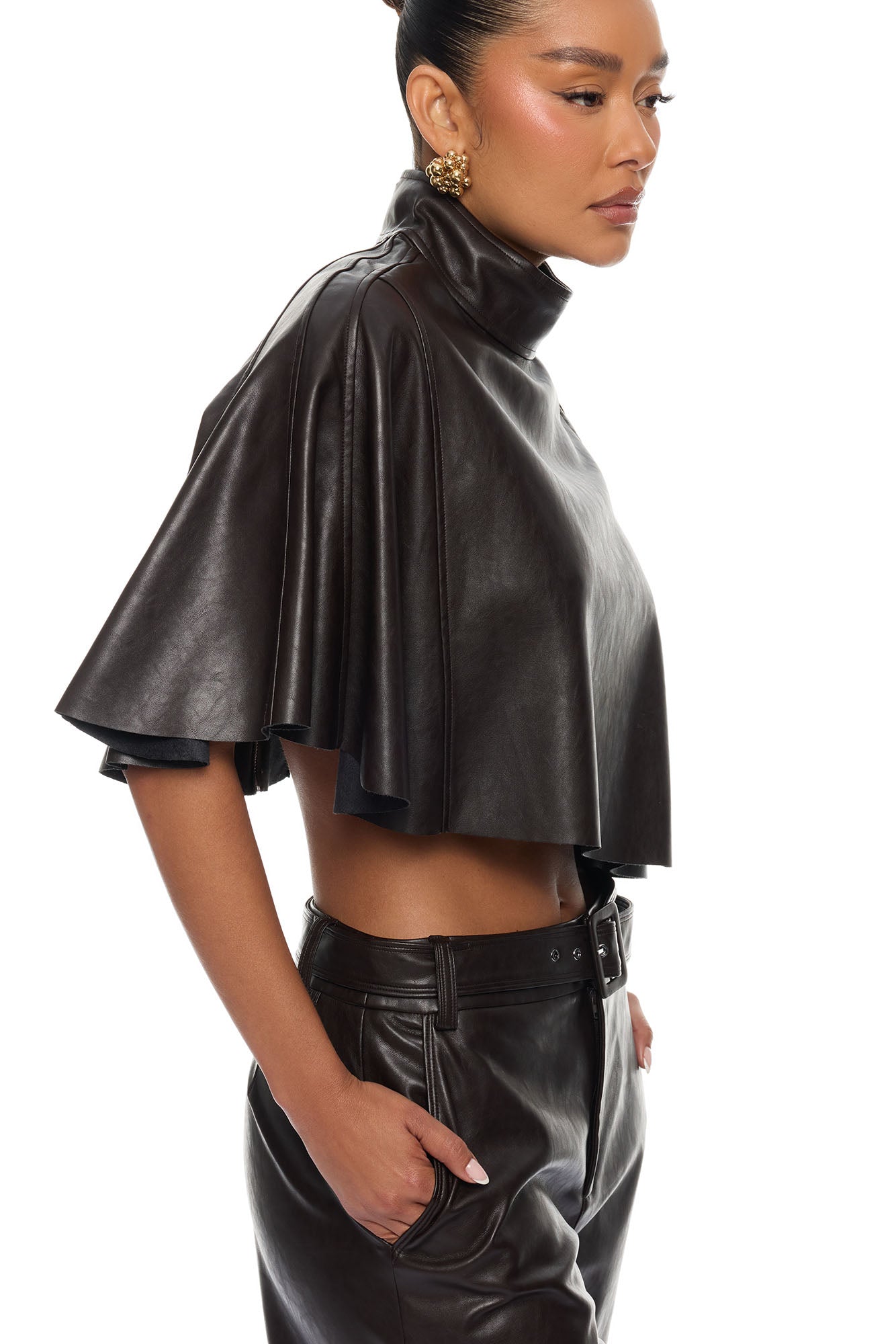 City Streets Faux Leather Balloon Pant Set - Chocolate