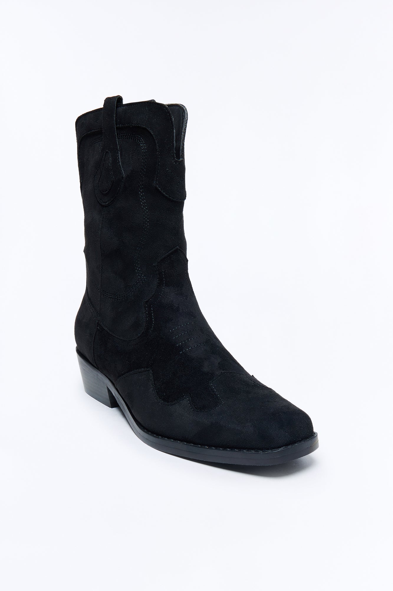Western Faux Suede Pull On Cowboy Boots - Black