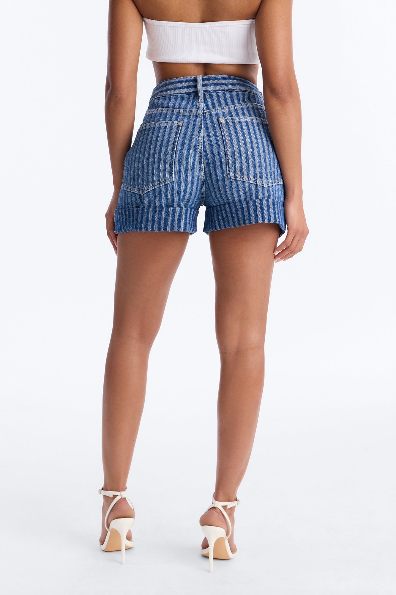Grand Finish Striped Cuffed Denim Shorts - Medium Wash NEWFASHIONEDGE
