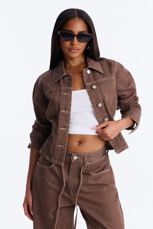 Give Me Attention Denim Shacket - Brown NEWFASHIONEDGE