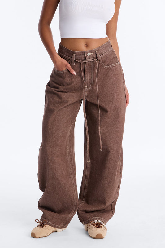 Give Me Attention Tie Waist Jeans - Brown NEWFASHIONEDGE