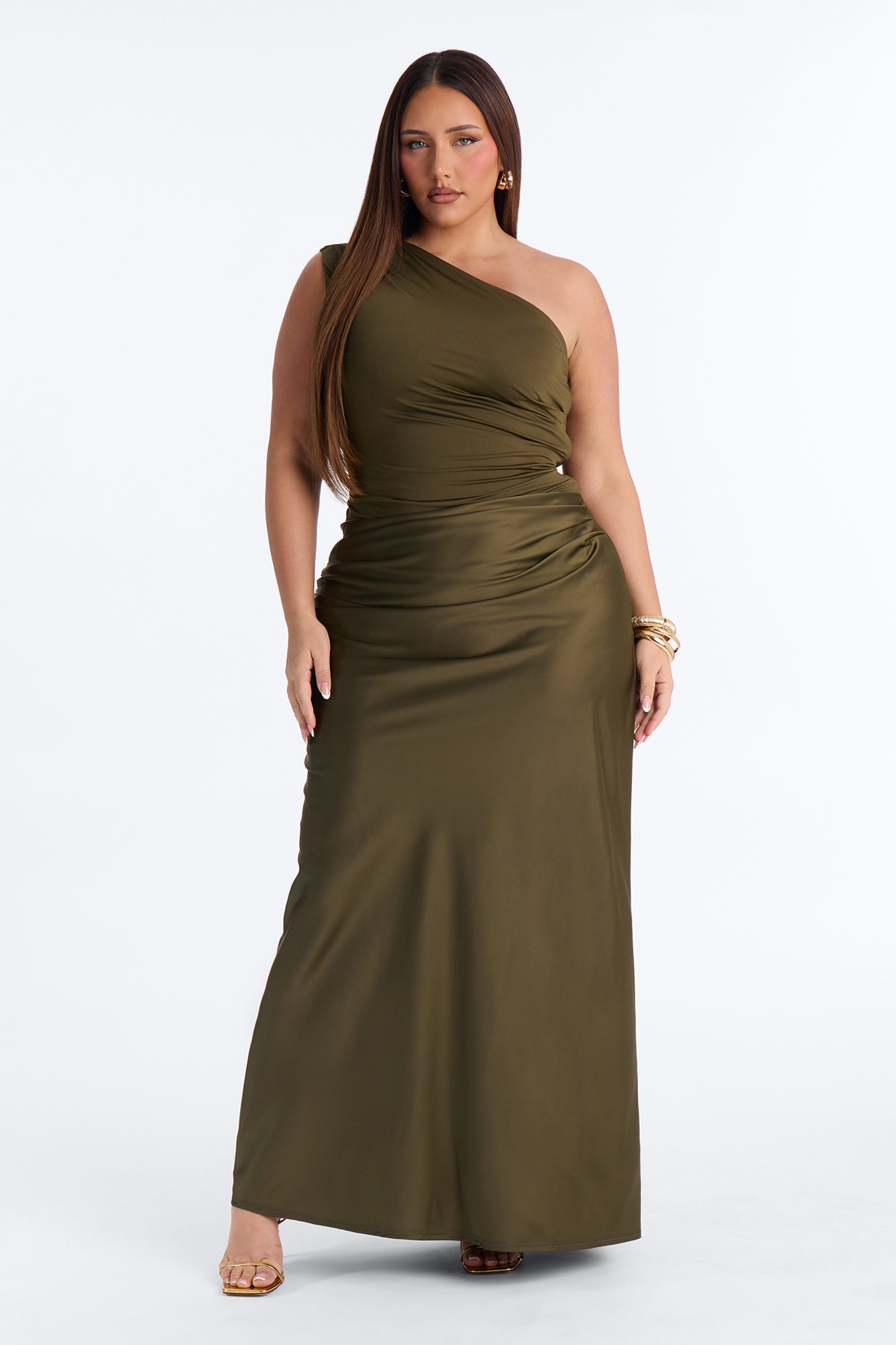 City Nights One Shoulder Satin Maxi Dress - Olive NEWFASHIONEDGE