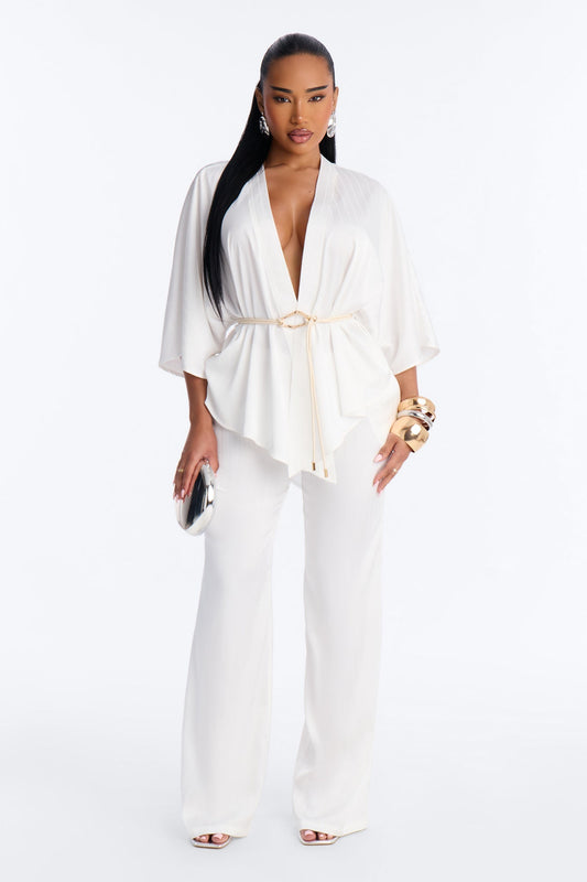Draped In Elegance Satin 3 Piece Pant Set - Ivory