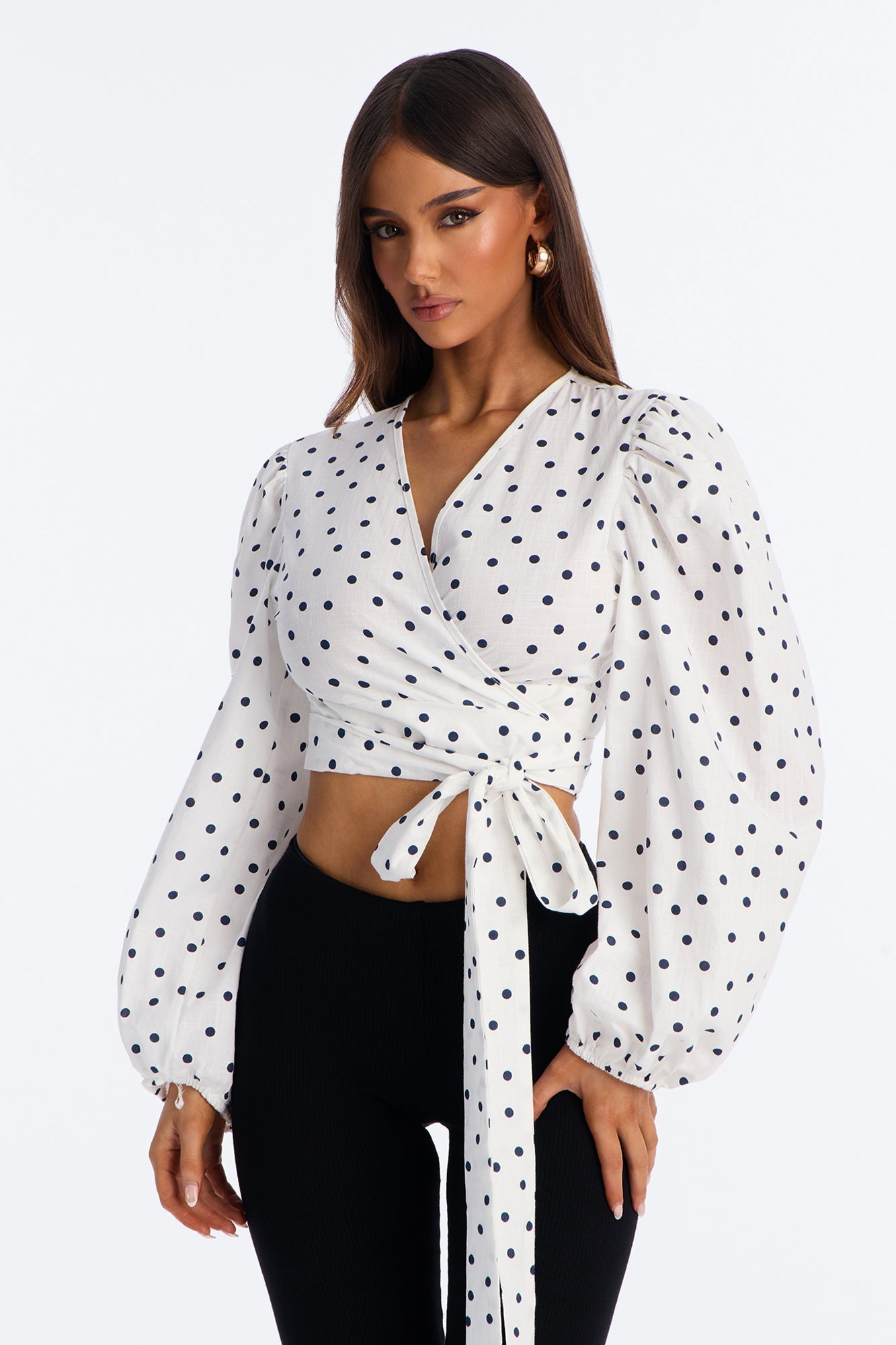 Scene Stealer Polka Dot Tie Waist Linen Top - White/combo NEWFASHIONEDGE