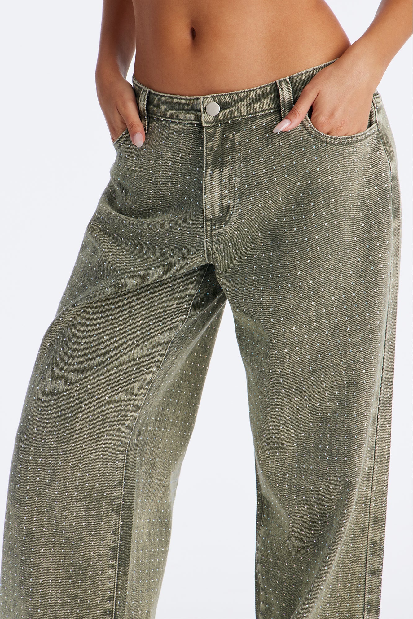 Dazzling Days Low Rise Washed Embellished Pant - Olive
