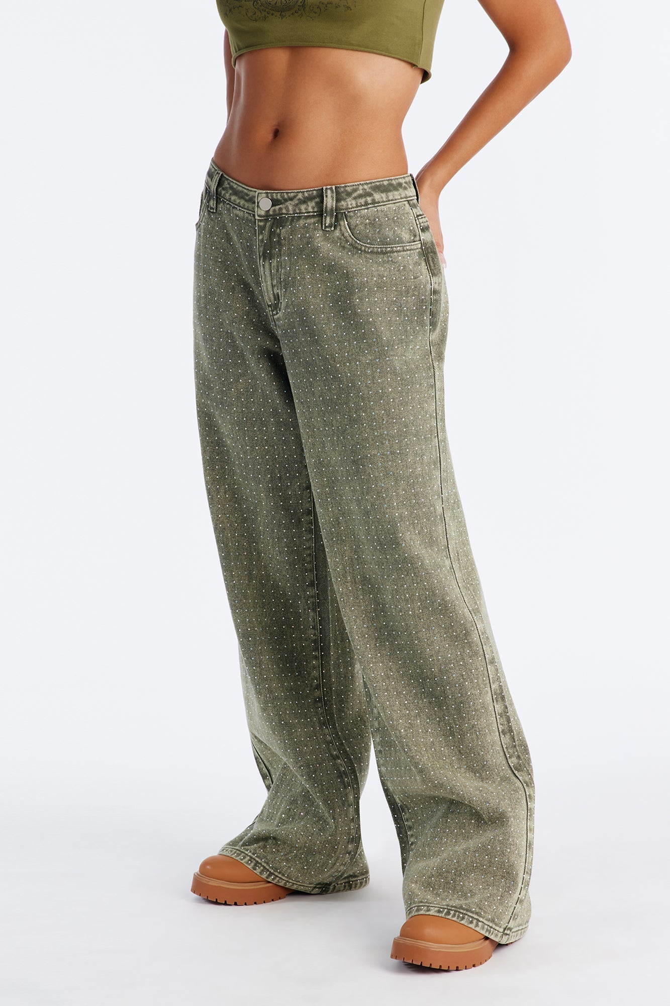 Dazzling Days Low Rise Washed Embellished Pant - Olive