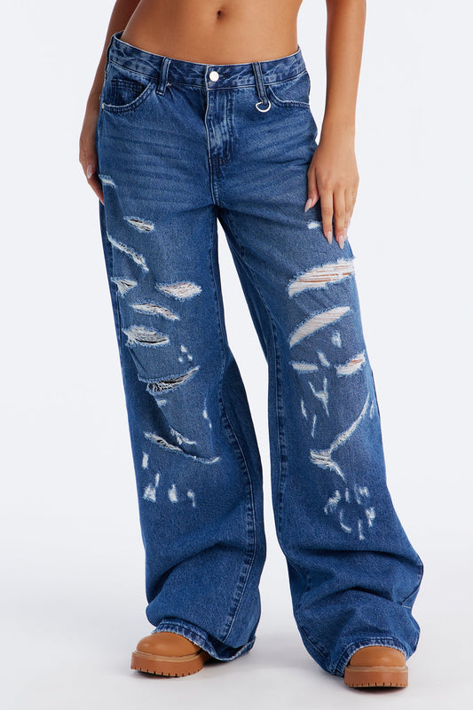 The Weekend Line Up Baggy Ripped Jeans - Medium Wash