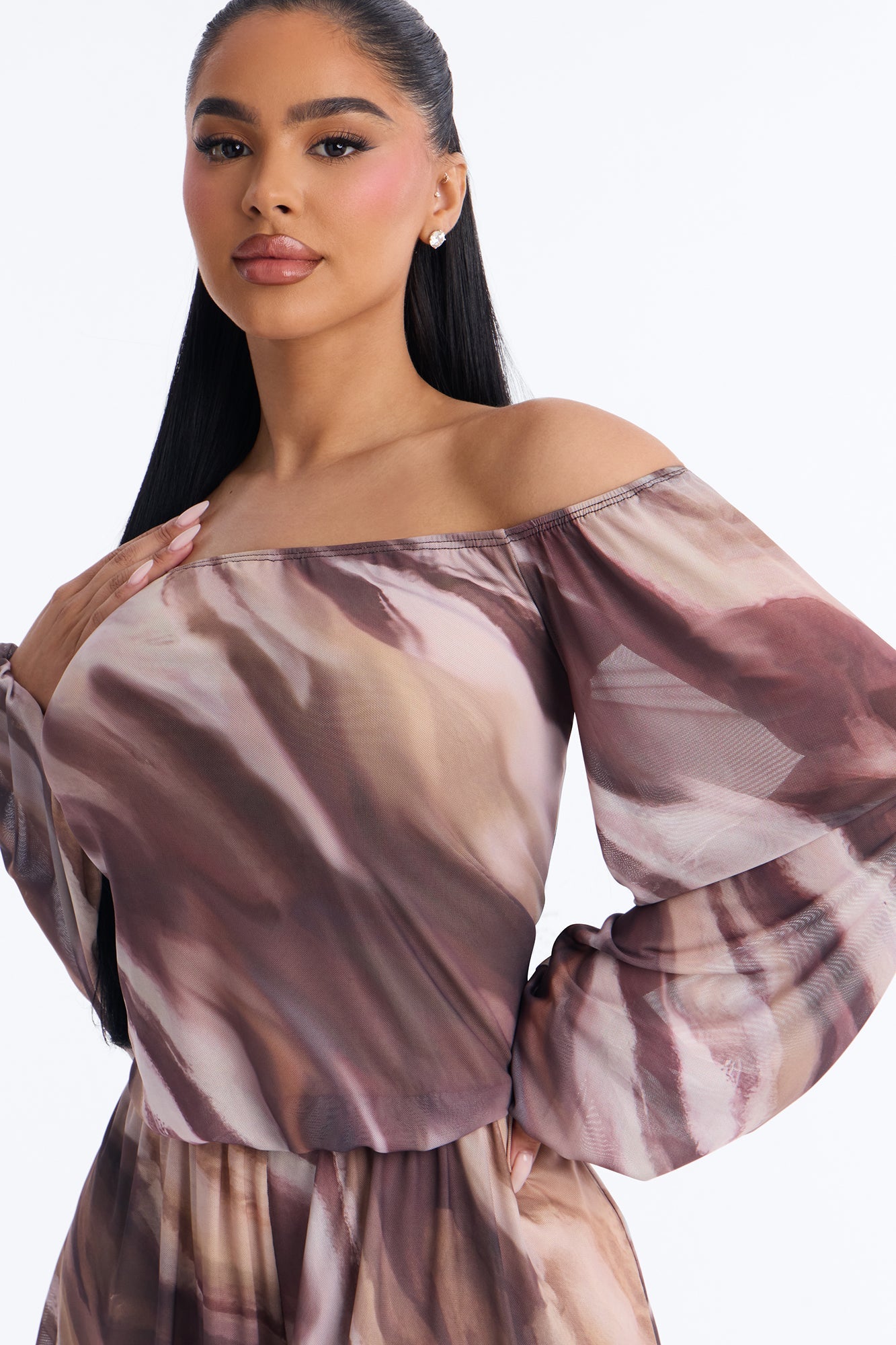 Rana Mesh Off Shoulder Romper - Brown