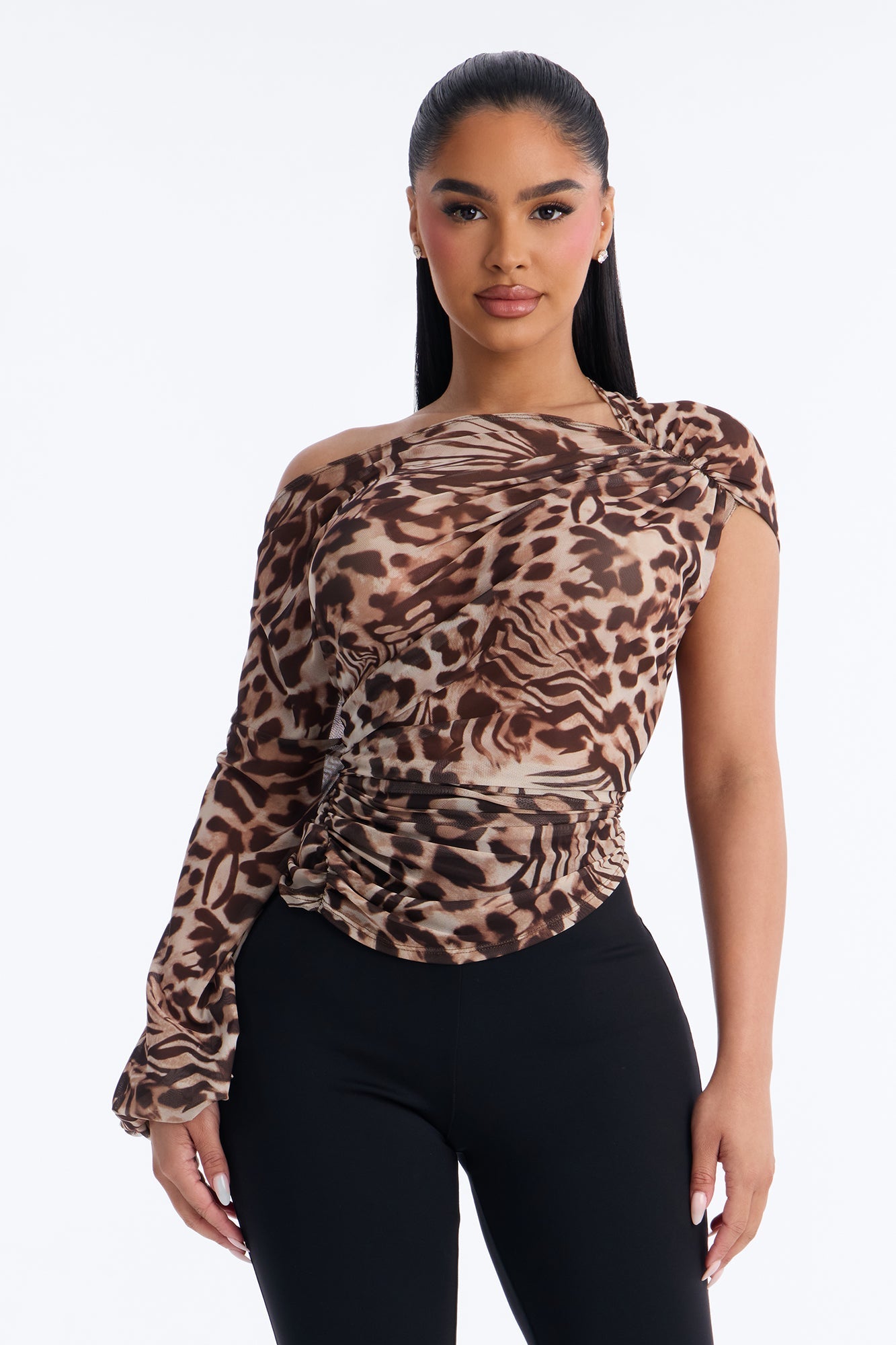 Katie Leopard Mesh Off Shoulder Long Sleeve Top - Leopard