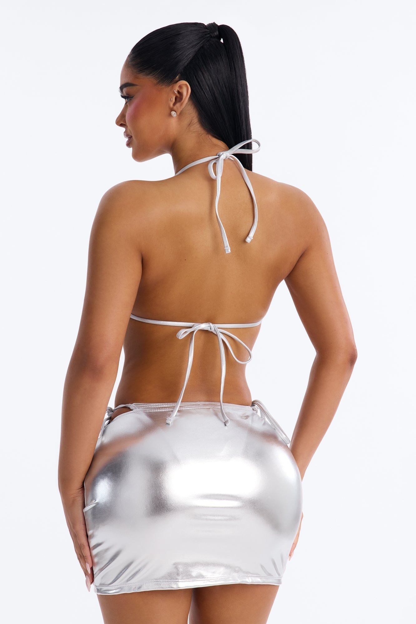 Gaia 3 Piece Metallic Bandeau Bikini & Skirt Set - Silver NEWFASHIONEDGE