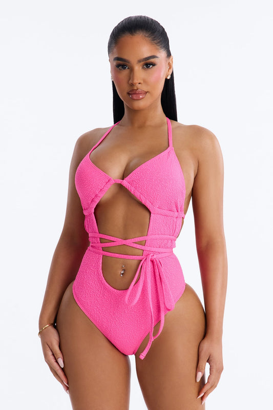 Thalia Textured Triangle 1 Piece Tie Up Swimsuit - Fuchsia NEWFASHIONEDGE