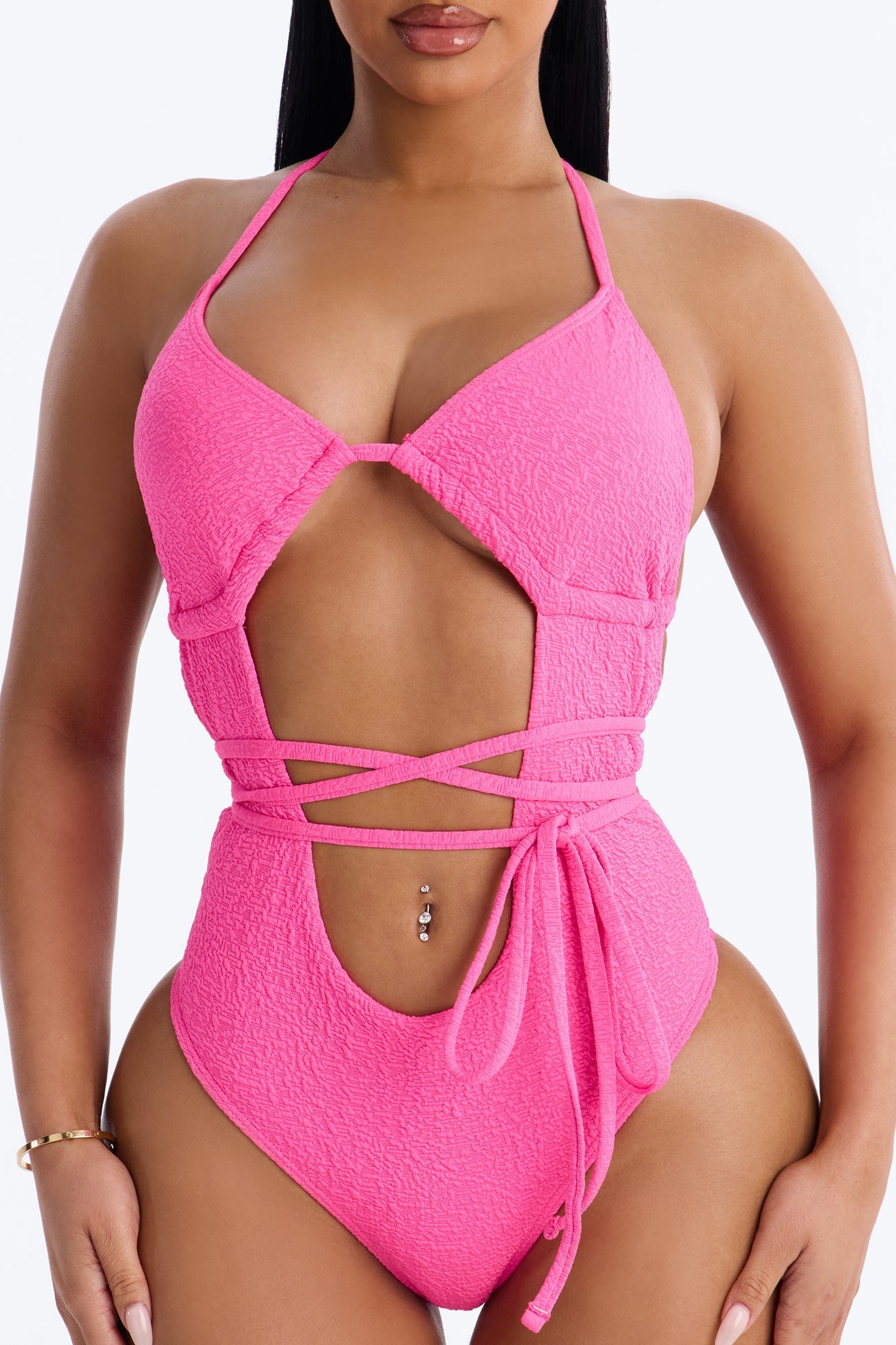 Thalia Textured Triangle 1 Piece Tie Up Swimsuit - Fuchsia NEWFASHIONEDGE