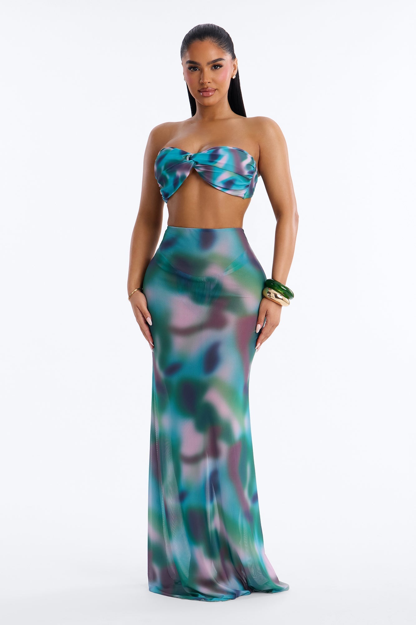 Poolside 2 Piece Bandeau Bikini and Maxi Skirt Set - Green/combo NEWFASHIONEDGE