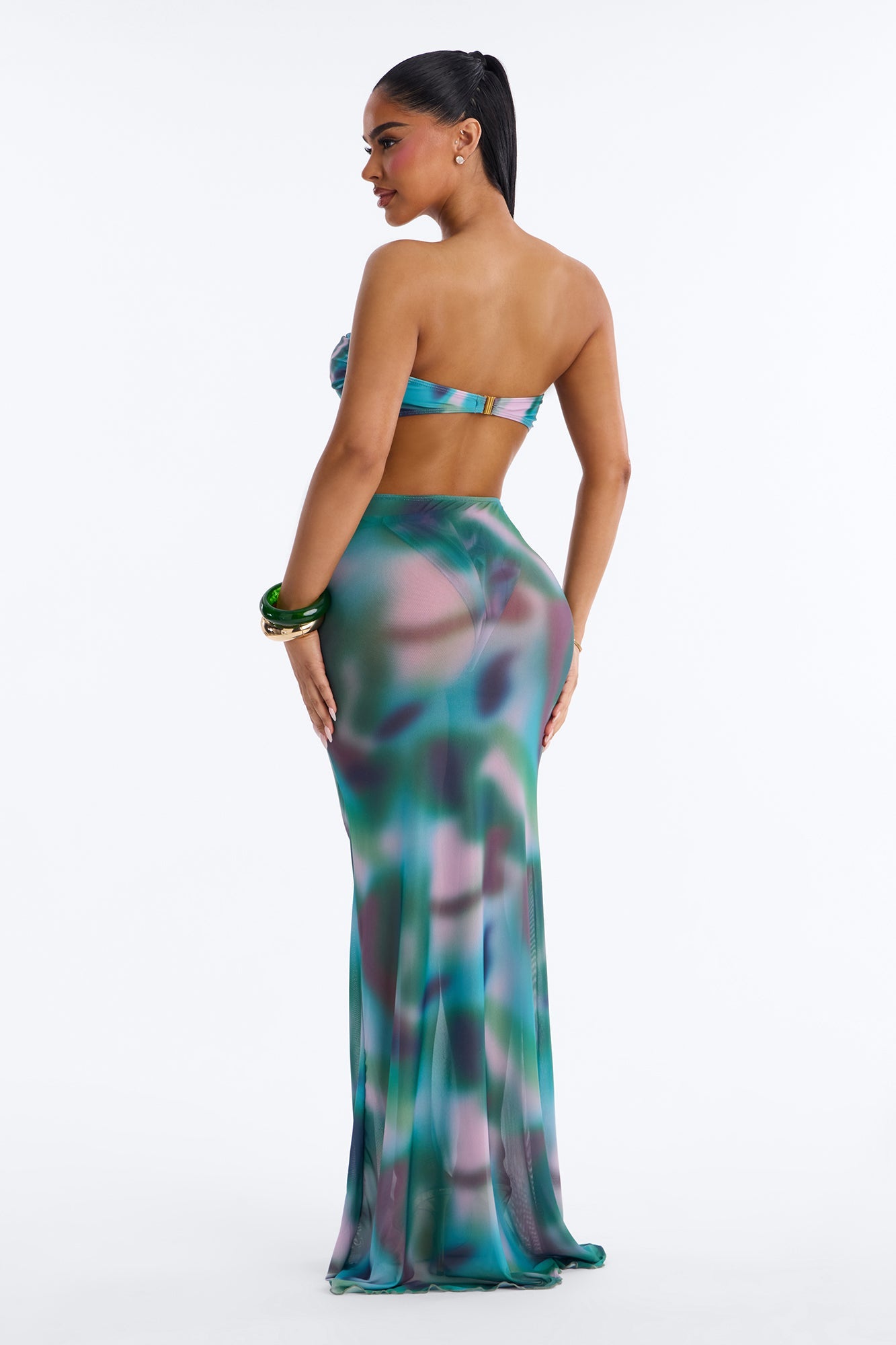 Poolside 2 Piece Bandeau Bikini and Maxi Skirt Set - Green/combo