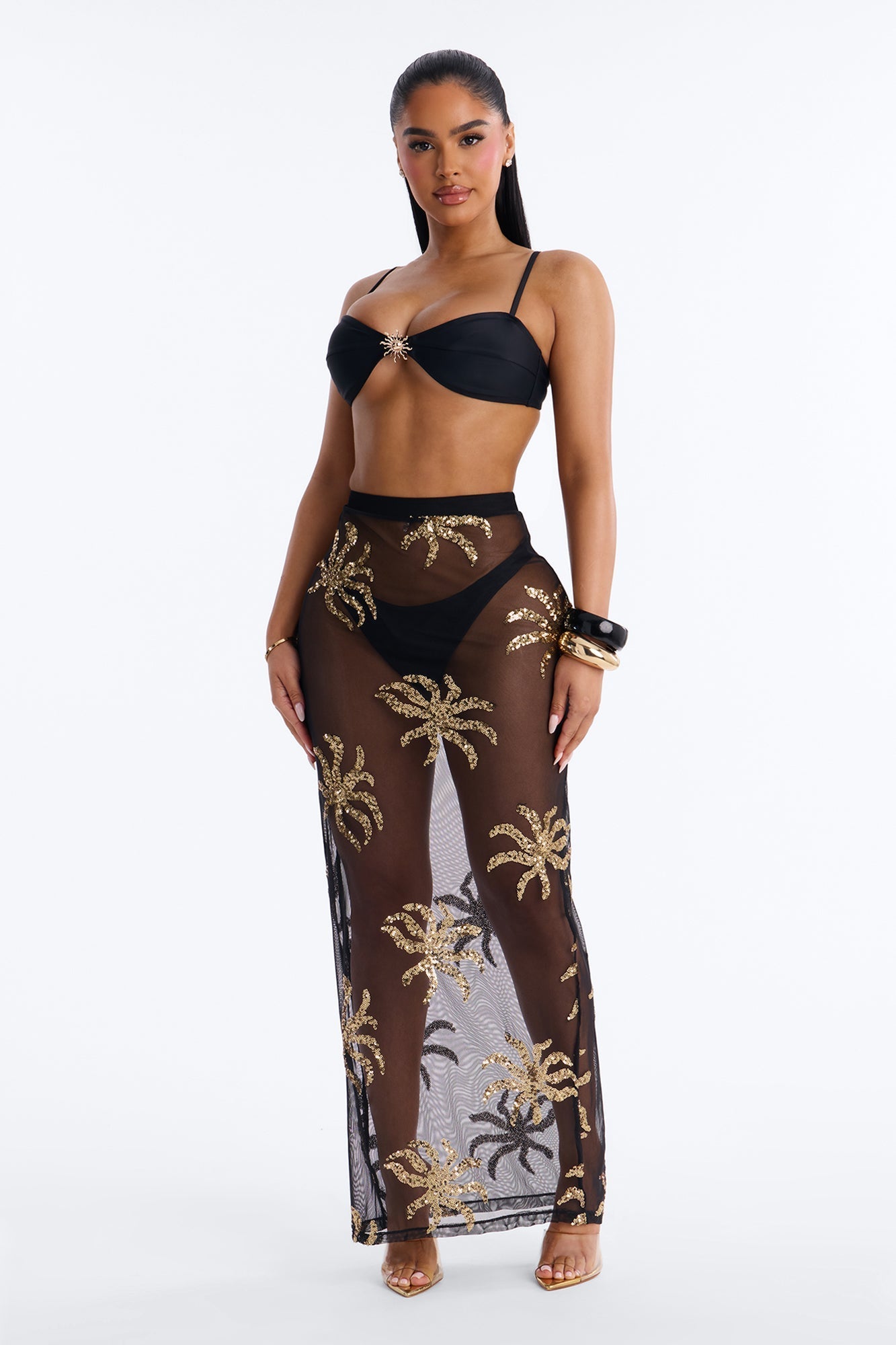Solana 2 Piece Sequin Bandeau Bikini & Cover Up Skirt Sunsuit - Black/Gold NEWFASHIONEDGE
