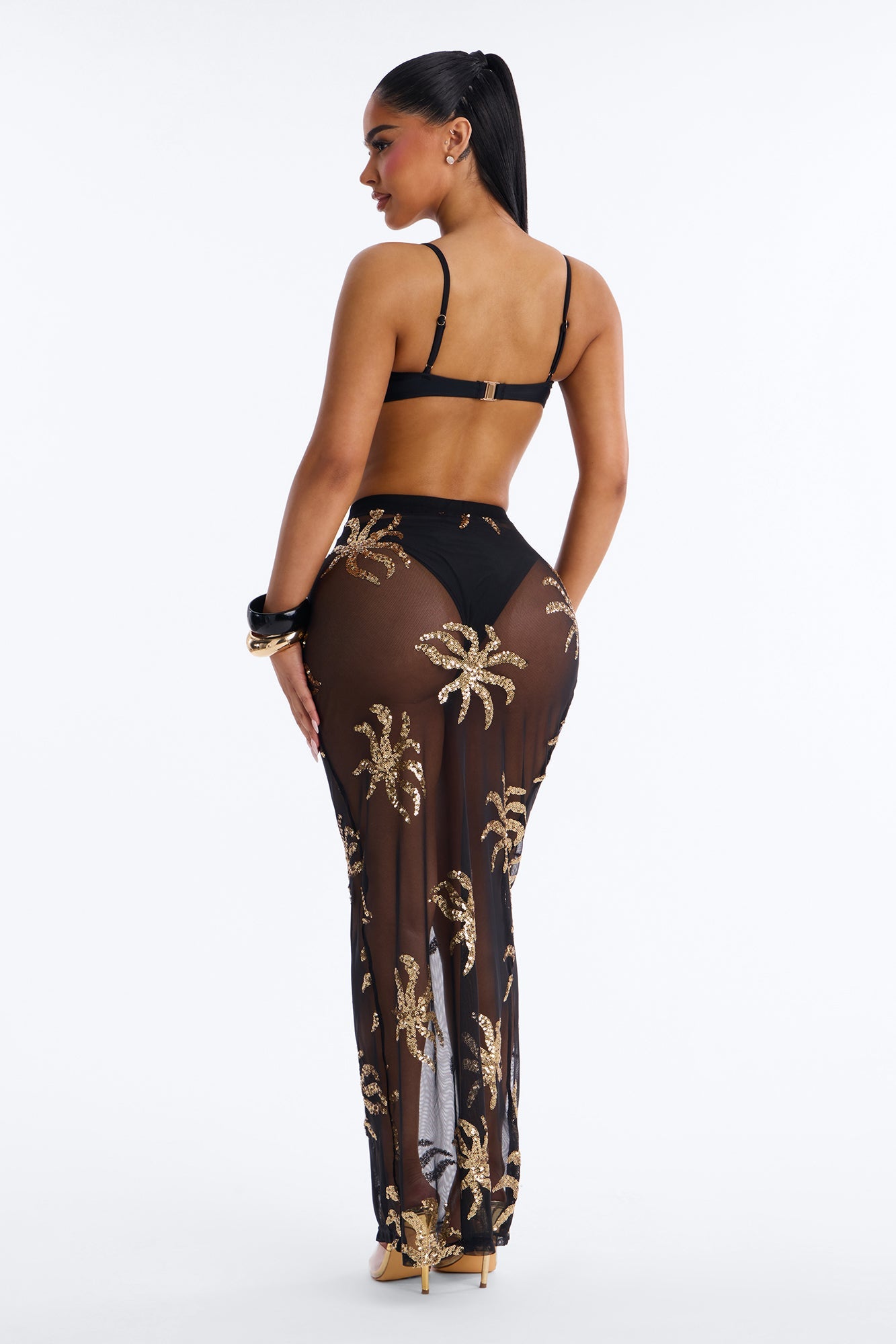 Solana 2 Piece Sequin Bandeau Bikini & Cover Up Skirt Sunsuit - Black/Gold