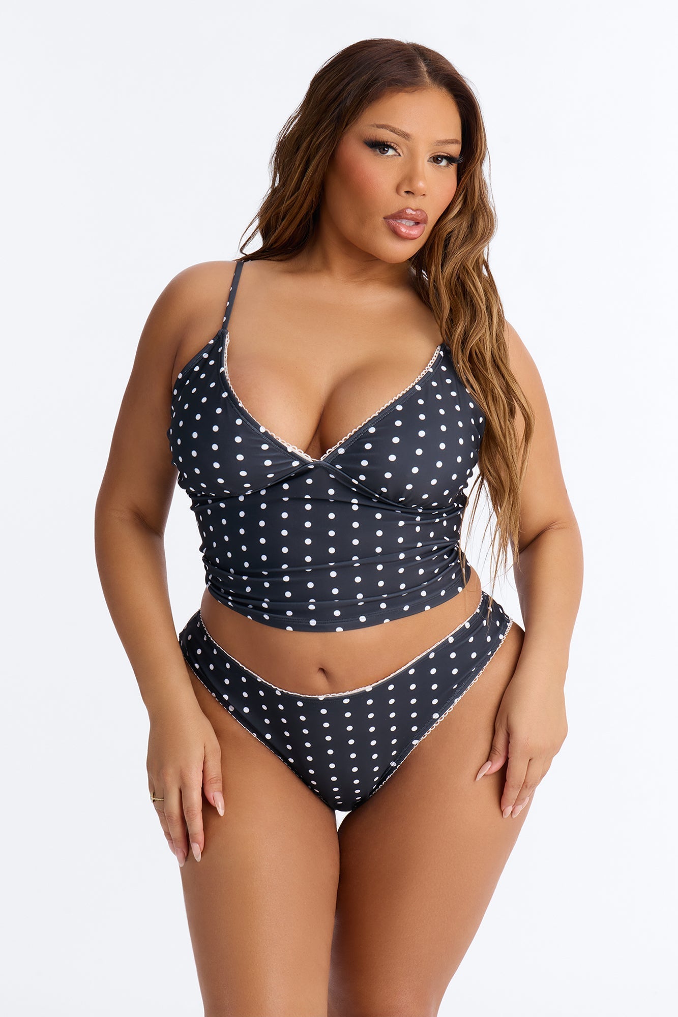 Fatima Polka Dot Tank Top Lace Trim 2 Piece Bikini - Black/combo NEWFASHIONEDGE