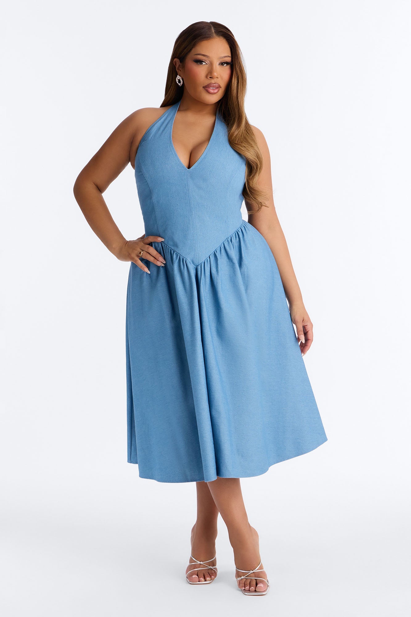 Annora Halter Denim Midi Dress - Denim Fashion Nova