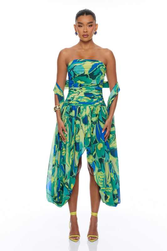 Billie Draped Scarf Chiffon Maxi Dress - Green/combo