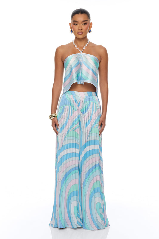 Sadie Pleated Satin Pant Set - Blue/combo