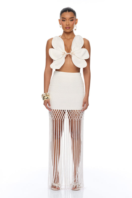 Ocean Breeze Fringe Crochet Skirt Set - White