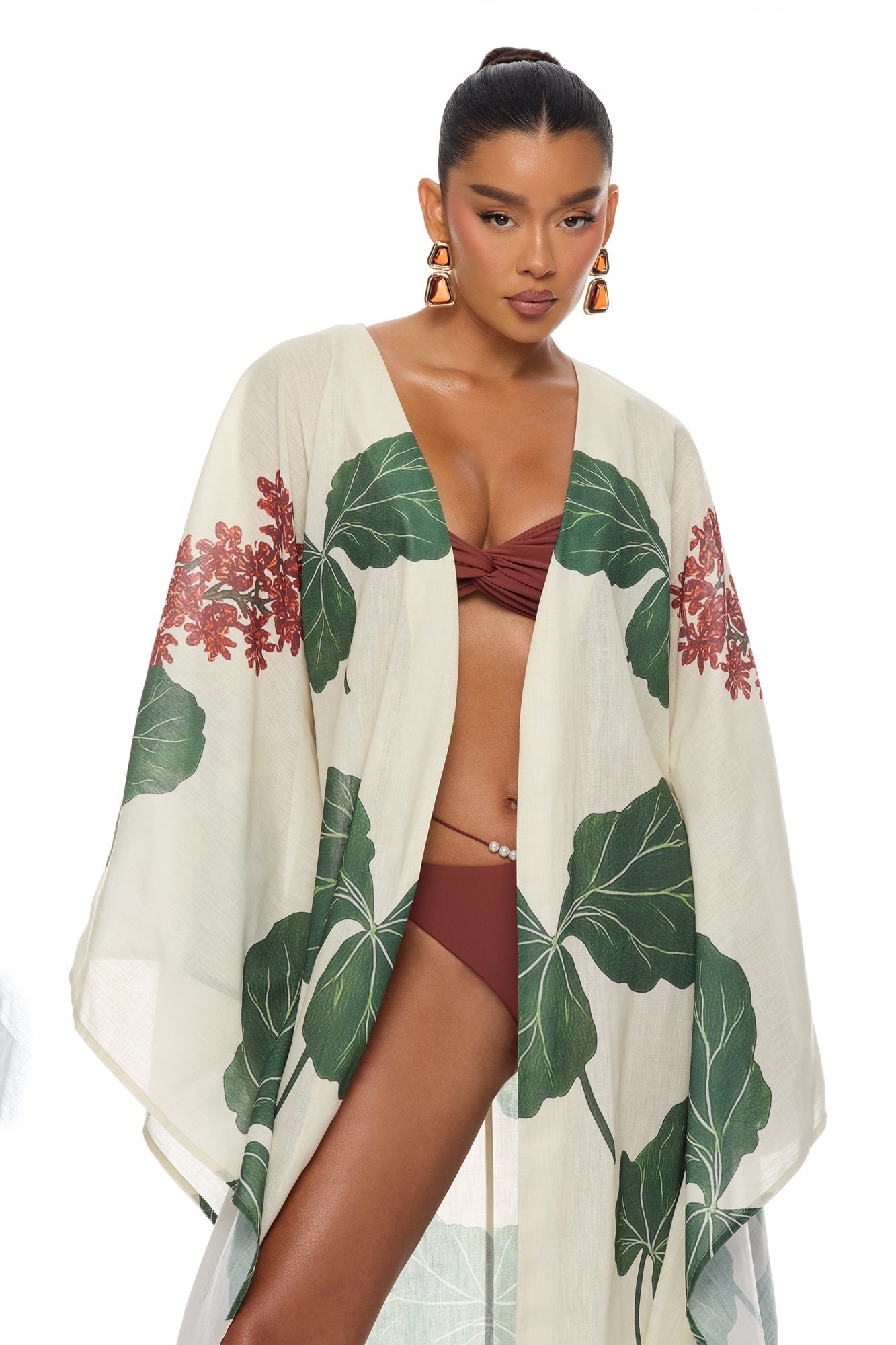 Tropic Getaway Linen Kimono - Ivory/combo NEWFASHIONEDGE