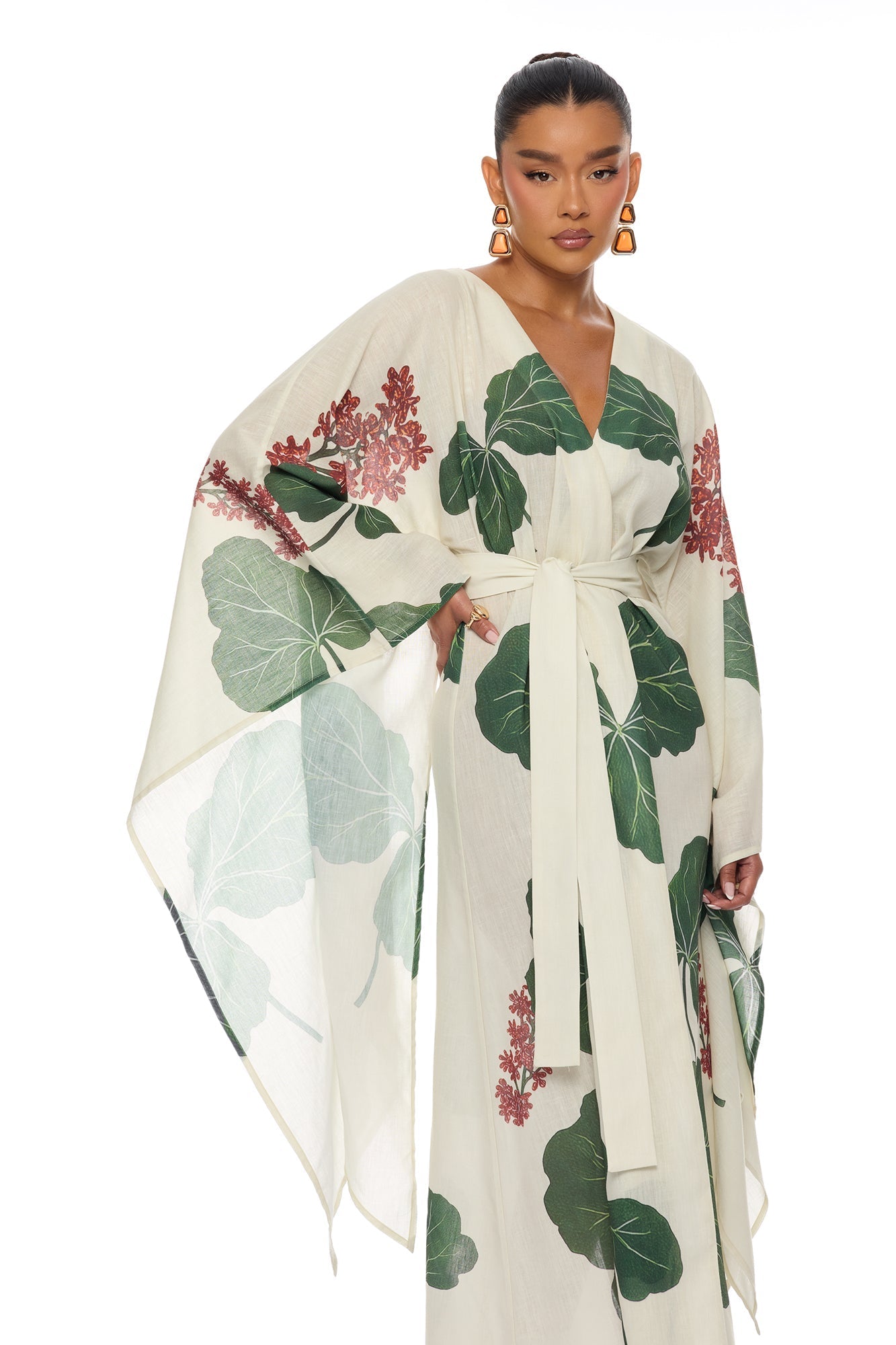 Tropic Getaway Linen Kimono - Ivory/combo NEWFASHIONEDGE