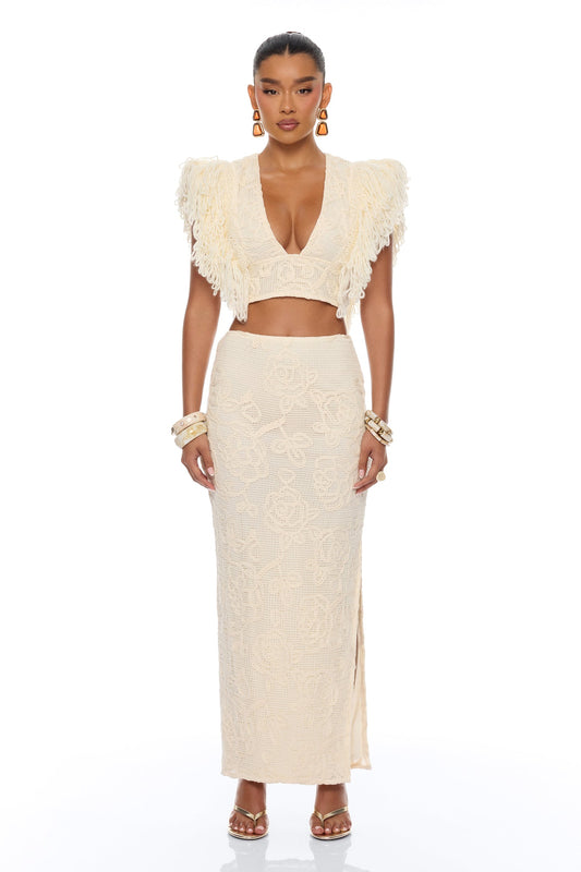 Coastal Vibe Fringe Crochet Skirt Set - Sand