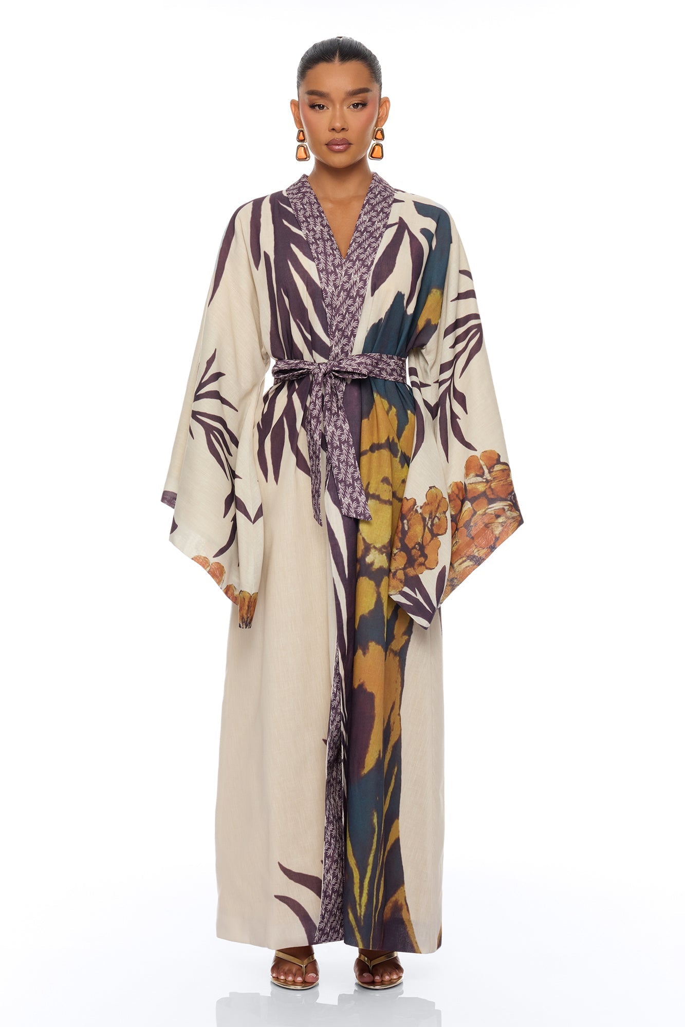 Samira Tie Waist Linen Maxi Dress - Taupe/combo NEWFASHIONEDGE