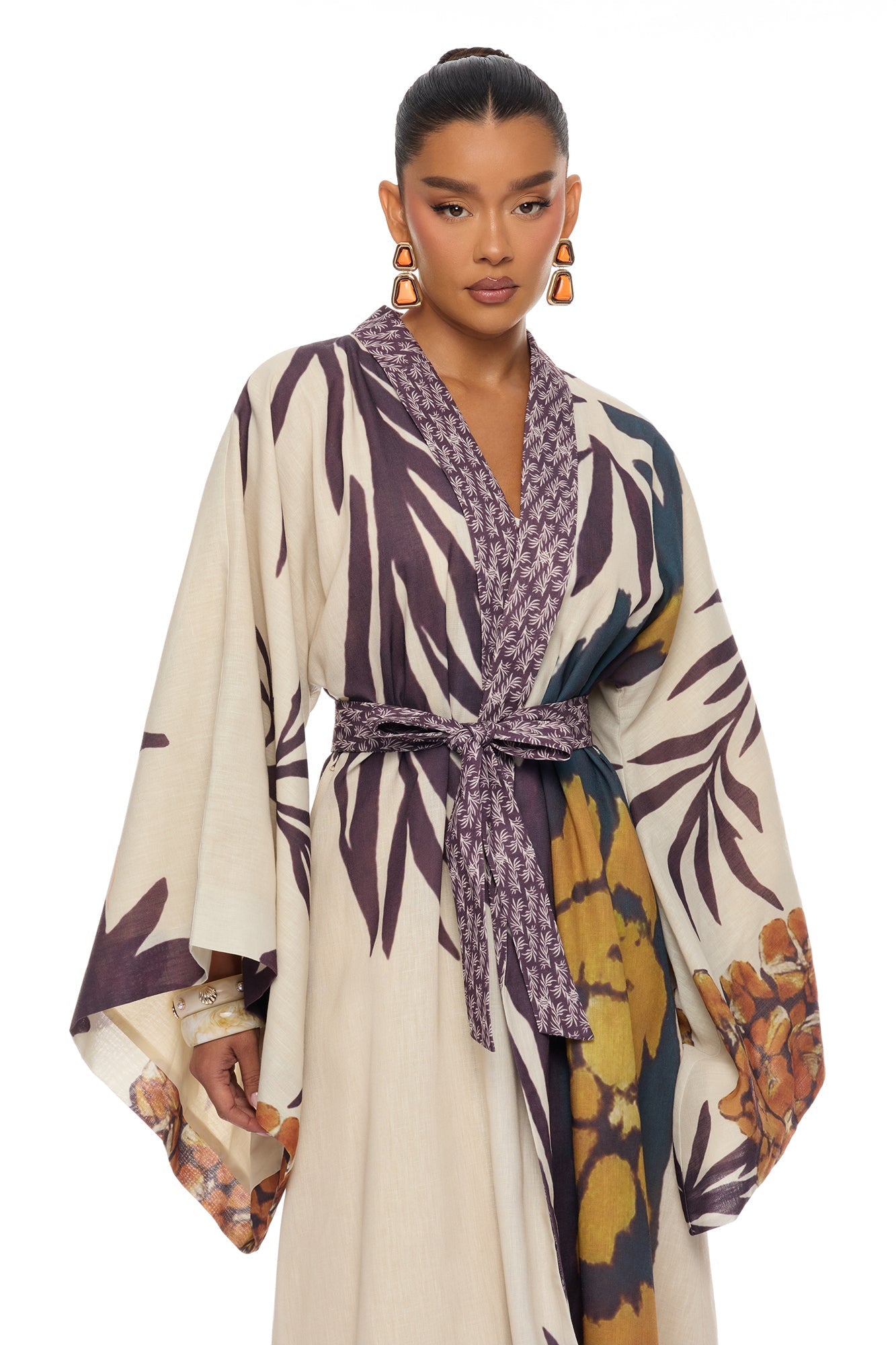 Samira Tie Waist Linen Maxi Dress - Taupe/combo NEWFASHIONEDGE