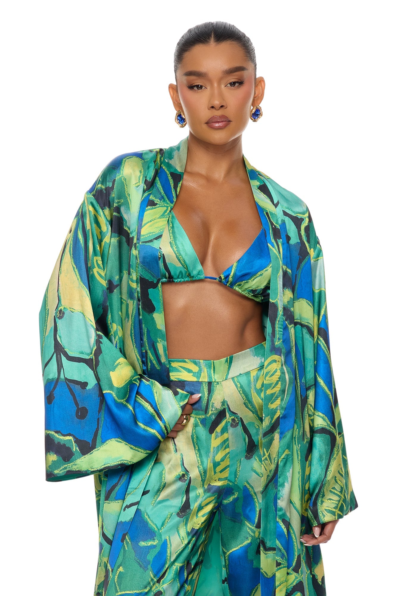 Pure Luxury 3 Piece Satin Kimono Set - Green/combo