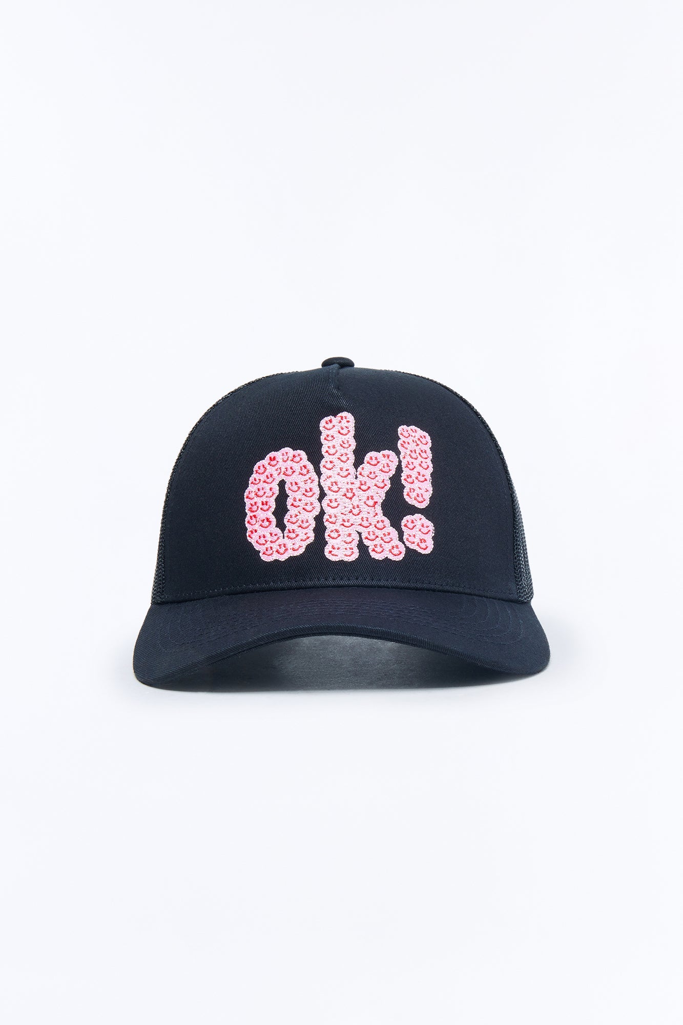 Smiling Ok Patch Snapback Trucker Hat - Black