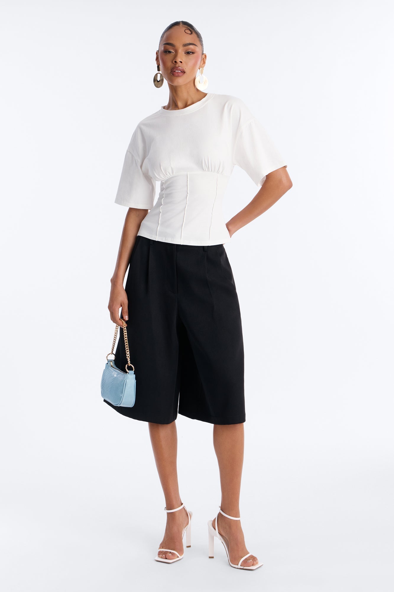 Kaylee Cinched Waist Short Sleeve T-Shirt - White NEWFASHIONEDGE